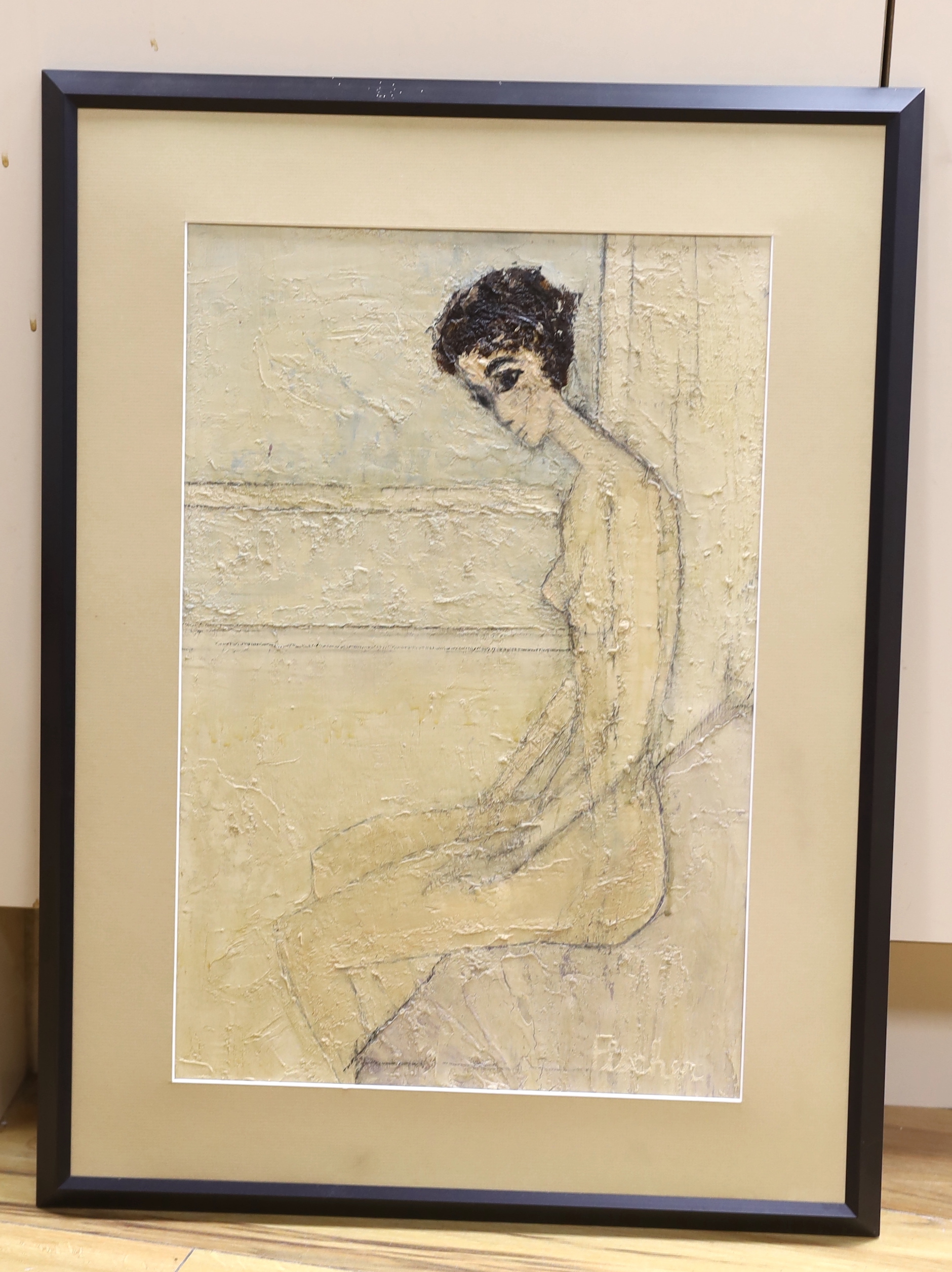 Fischer, impasto oil on board, Seated nude female, signed, 48 x 32cm